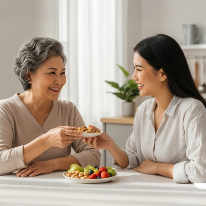 Camel Nuts Singapore mindful diet lifestyle – Elderly woman and younger woman smiling while sharing nuts at a bright dining table.