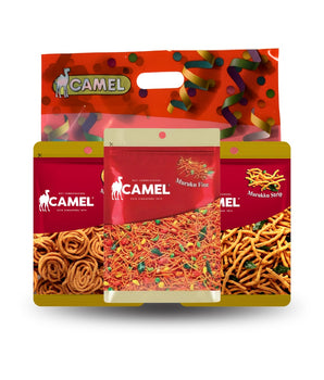 Camel brand packaging with various snack products on a white background
