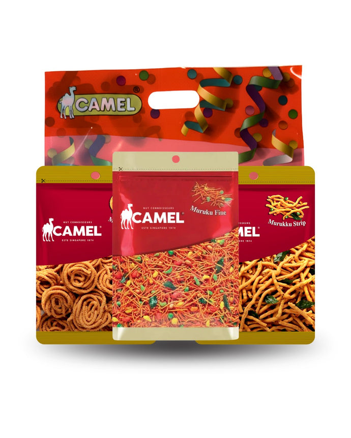 Camel brand packaging with various snack products on a white background
