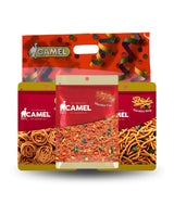 Camel brand packaging with various snack products on a white background
