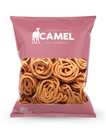 A 500g bag of Camel Nuts popular muruku round snack on a white background