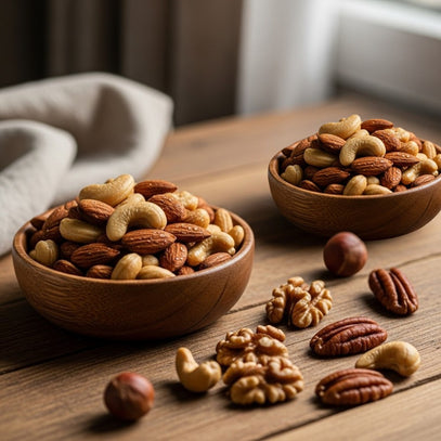 Camel Nuts Singapore natural baked nuts – Almonds, cashews, walnuts, hazelnuts, and pecans in wooden bowls on table.