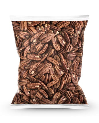 1kg bag of natural baked pecans from Camel Nuts on a white background