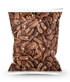 1kg bag of natural baked pecans from Camel Nuts on a white background