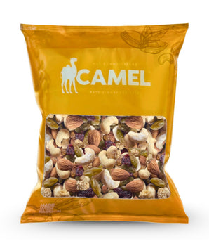 A 400g Pack of Natural Nutty Berries Delight trail mix of nuts and dried fruits with 'Camel' brand logo on a white background