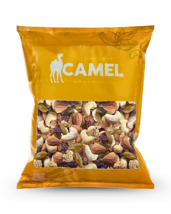 A 400g Pack of Natural Nutty Berries Delight trail mix of nuts and dried fruits with 'Camel' brand logo on a white background