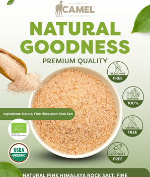 Camel brand natural pink Himalayan rock salt packaging with a bowl of pink salt.