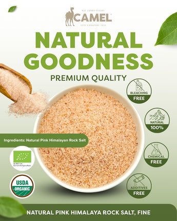 Camel brand natural pink Himalayan rock salt packaging with a bowl of pink salt.