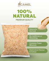Bag of Natural Pink Himalayan Fine Salt with 'Camel' branding and text highlighting natural qualities on a green background.