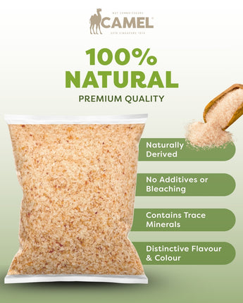 Bag of Natural Pink Himalayan Fine Salt with 'Camel' branding and text highlighting natural qualities on a green background.