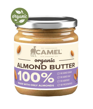 Jar of Camel Organic Almond Butter with a visible 'organic' label on a white background