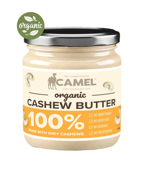 Jar of Camel organic cashew butter with a visible 'organic' label on a white background
