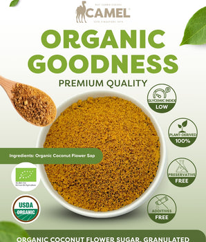 Camel Nuts Organic Coconut Flower Sugar granulated premium quality with health benefits such as preservative free, additives free, glycemic index low