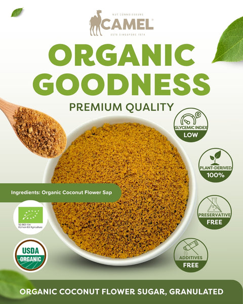 Camel Nuts Organic Coconut Flower Sugar granulated premium quality with health benefits such as preservative free, additives free, glycemic index low
