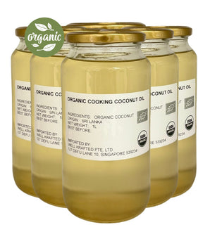Bundle of 6 Jars of organic cooking coconut oil with organic label on a white background