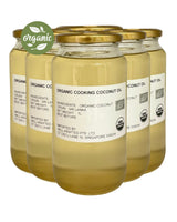 Bundle of 6 Jars of organic cooking coconut oil with organic label on a white background