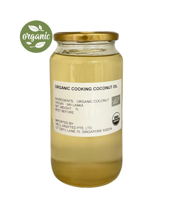 A Jar of organic cooking coconut oil with an organic label on a white background