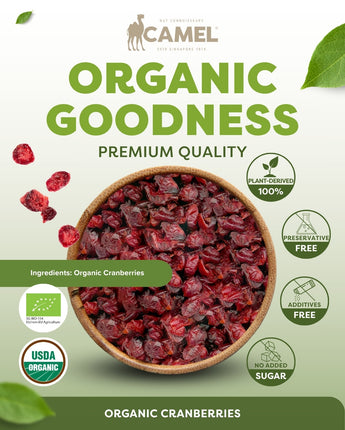 Camel Nuts Organic Cranberries, premium quality with certificate logos and healthy icons
