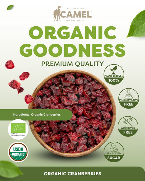 Camel Nuts Organic Cranberries, premium quality with certificate logos and healthy icons