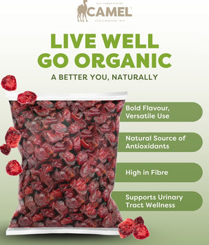 Camel Nuts organic cranberries and health benefits text such as bold flavour, versatile use, high fibre
