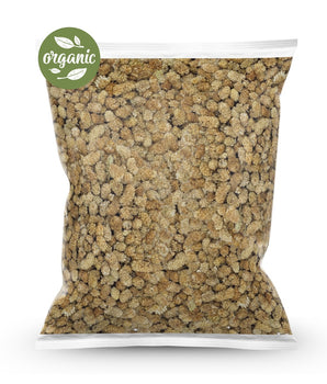 Bag of organic dried white mulberries with an 'organic' label on a white background