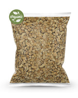 Bag of organic dried white mulberries with an 'organic' label on a white background