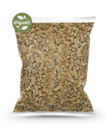 Bag of organic dried white mulberries with an 'organic' label on a white background