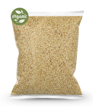 Bag of organic golden flaxseed with a clear front for visibility on a white background