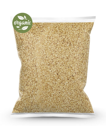 Bag of organic golden flaxseed with a clear front for visibility on a white background
