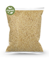 Bag of organic golden flaxseed with a clear front for visibility on a white background