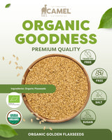 Camel Nuts Organic Golden Flaxseeds premium quality with benefits such as trans fat free, cholesterol free, no added salt, no added sugar