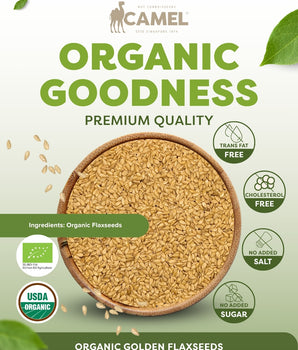 Camel Nuts Organic Golden Flaxseeds premium quality with benefits such as trans fat free, cholesterol free, no added salt, no added sugar