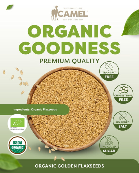 Camel Nuts Organic Golden Flaxseeds premium quality with benefits such as trans fat free, cholesterol free, no added salt, no added sugar