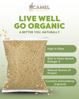 Camel Nuts organic golden flaxseeds and health benefits text