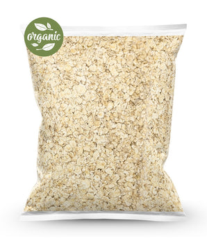 Bag of organic instant oats with an 'organic' label on a white background