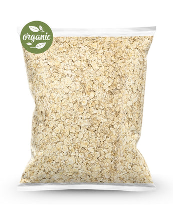 Bag of organic instant oats with an 'organic' label on a white background
