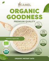 Camel Nuts Organic Instant Oats premium quality with certificate logos and healthy icons