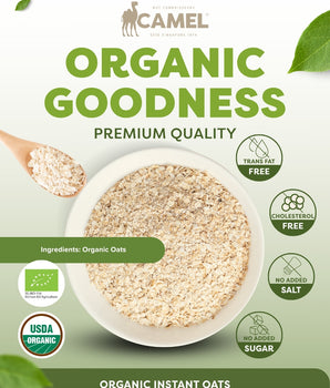 Camel Nuts Organic Instant Oats premium quality with certificate logos and healthy icons