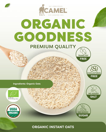 Camel Nuts Organic Instant Oats premium quality with certificate logos and healthy icons