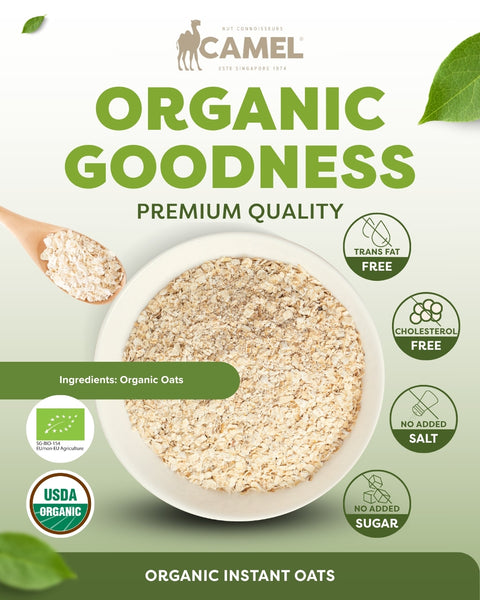 Camel Nuts Organic Instant Oats premium quality with certificate logos and healthy icons