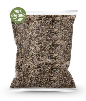 Bag of organic raw cacao nibs with an 'organic' label on a white background