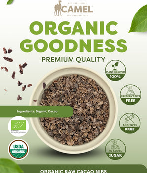 Camel Nuts Organic Raw Cacao Nibs premium quality, certification logos and additives free, no added sugar