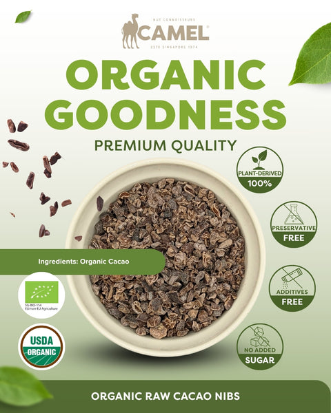 Camel Nuts Organic Raw Cacao Nibs premium quality, certification logos and additives free, no added sugar