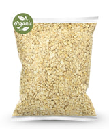 Bag of organic raw cashew bits with a organic label on a white background