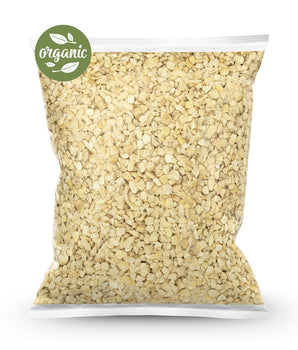 Bag of organic raw cashew bits with a organic label on a white background