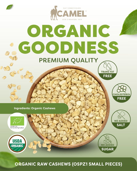 Camel Nuts Organic Goodness Organic Raw Cashews premium quality information
