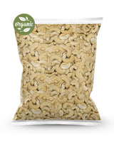 Bag of Organic raw cashews splits with an organic label on a white background