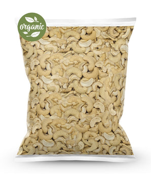 Bag of Organic raw cashews splits with an organic label on a white background