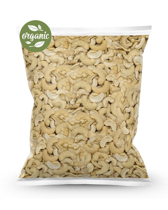 Bag of Organic raw cashews splits with an organic label on a white background