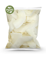 Bag of organic raw coconut chips with a visible organic icon on a white background
